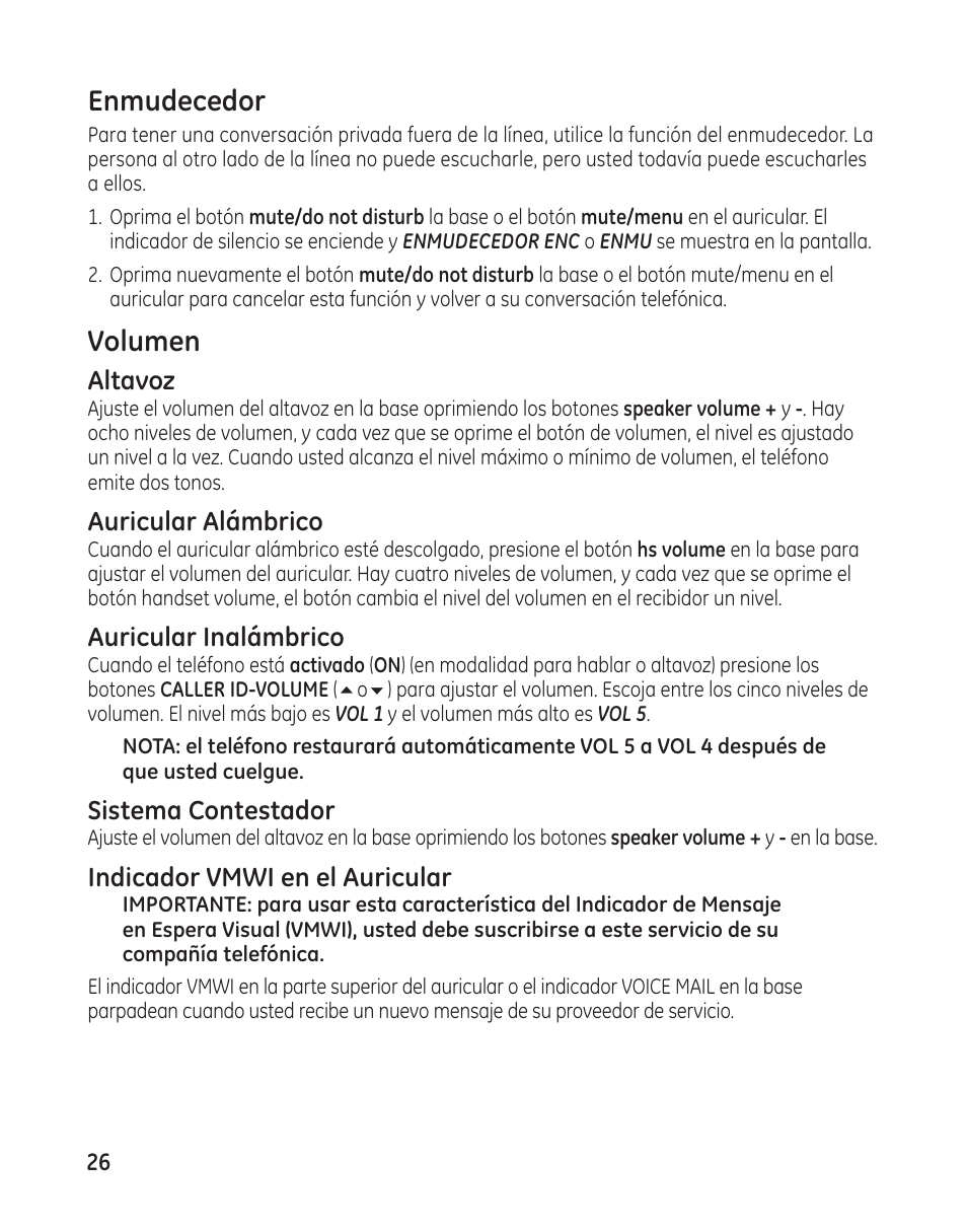 Enmudecedor, Volumen, Altavoz | Auricular alámbrico, Auricular inalámbrico, Sistema contestador, Indicador vmwi en el auricular | GE 25982 User Manual | Page 76 / 100