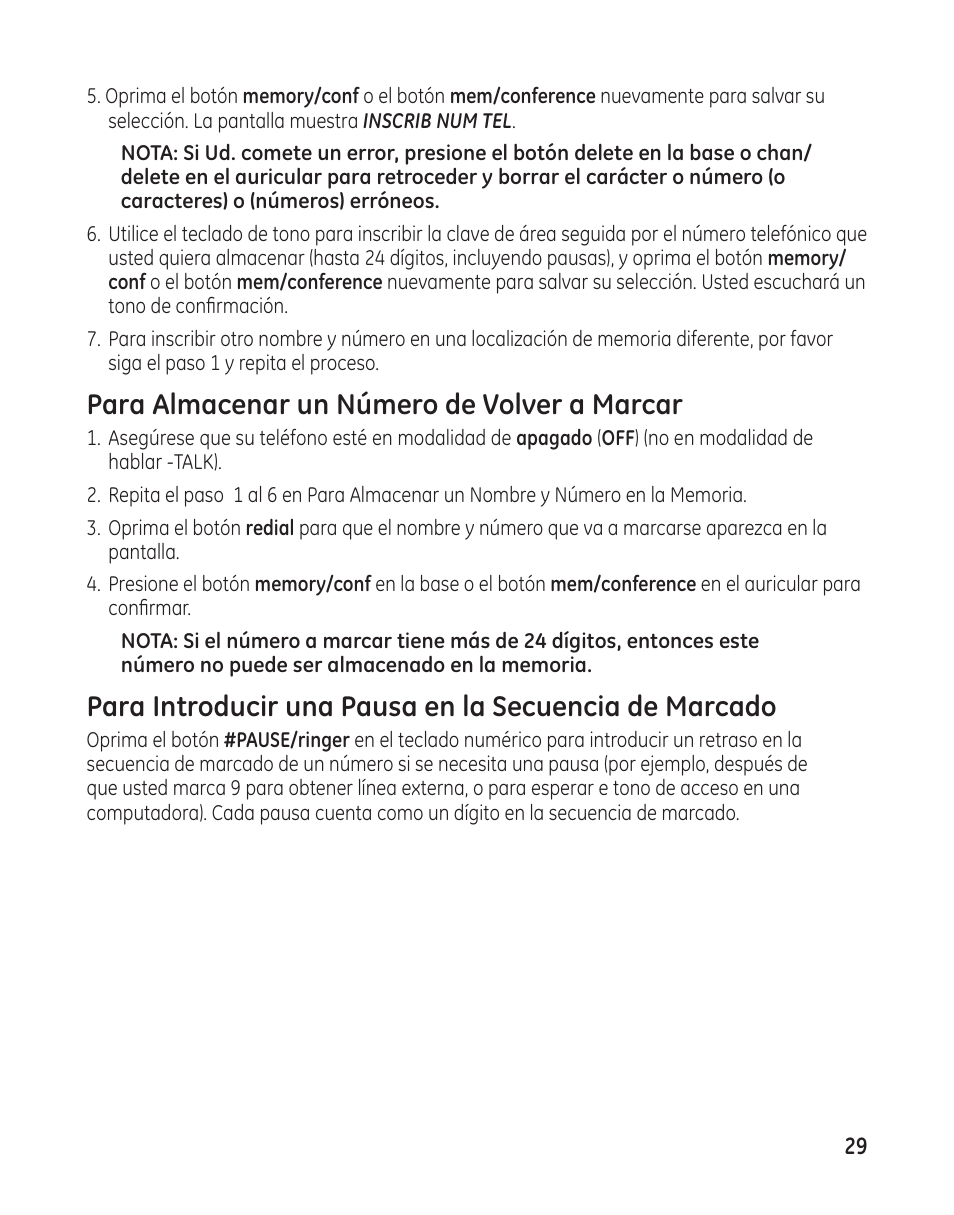 Para almacenar un número de volver a marcar | GE 25982 User Manual | Page 79 / 100