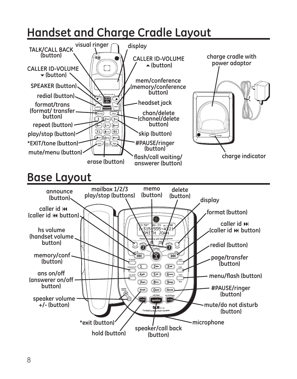 Base layout handset and charge cradle layout | GE 25982 User Manual | Page 8 / 100