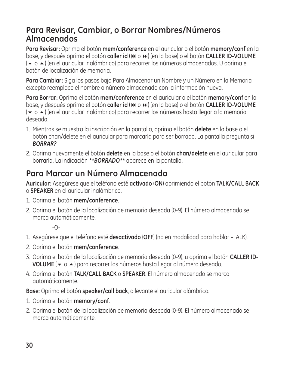 Para marcar un número almacenado | GE 25982 User Manual | Page 80 / 100