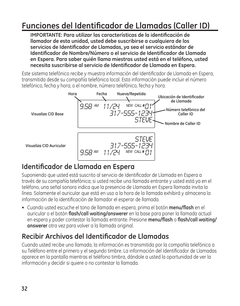 Identificador de llamada en espera, Recibir archivos del identificador de llamadas | GE 25982 User Manual | Page 82 / 100