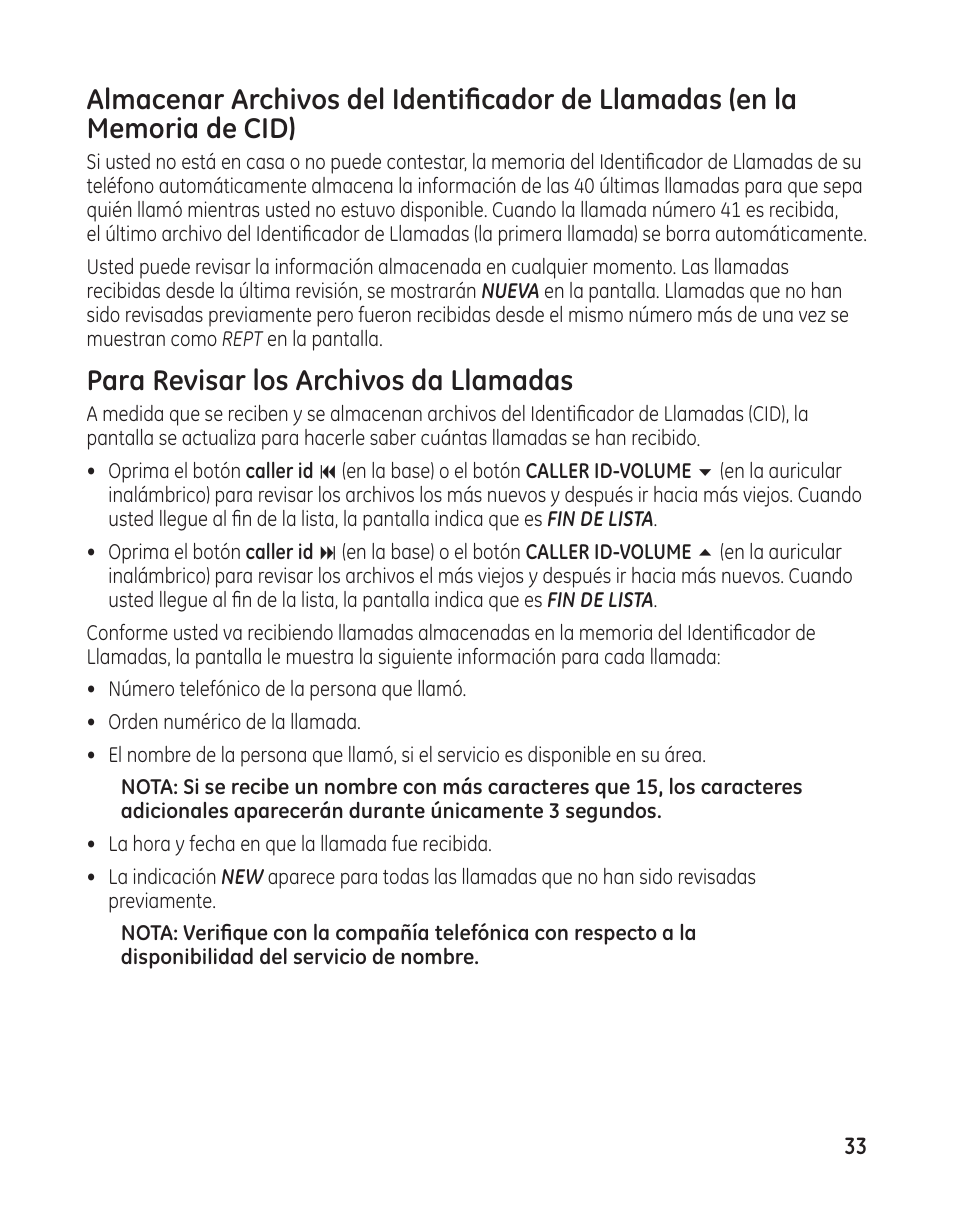 Para revisar los archivos da llamadas | GE 25982 User Manual | Page 83 / 100