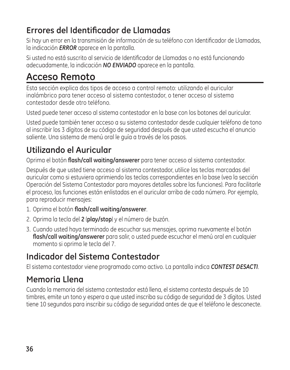 Acceso remoto, Errores del identificador de llamadas, Utilizando el auricular | Indicador del sistema contestador | GE 25982 User Manual | Page 86 / 100