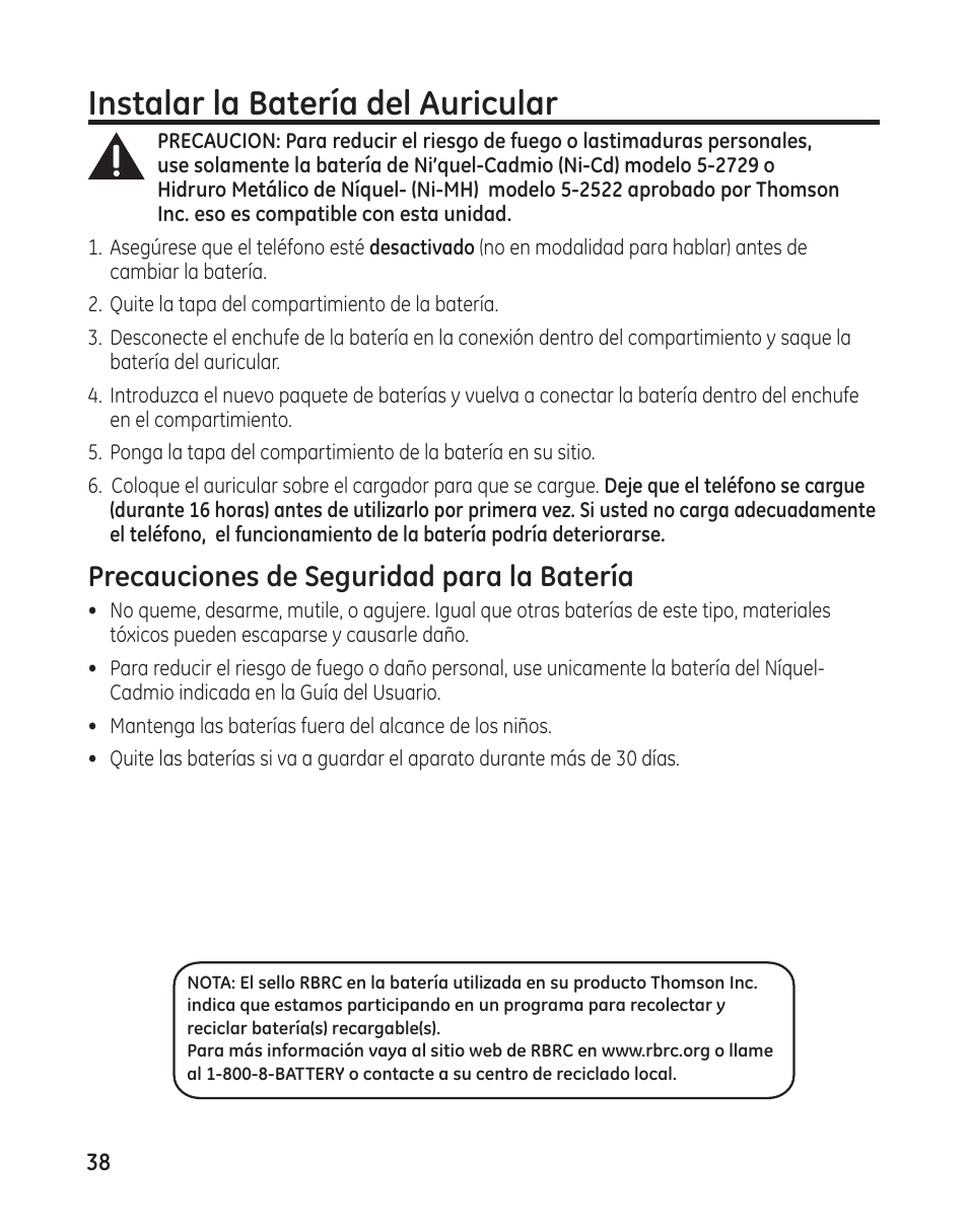 Instalar la batería del auricular, Precauciones de seguridad para la batería | GE 25982 User Manual | Page 88 / 100