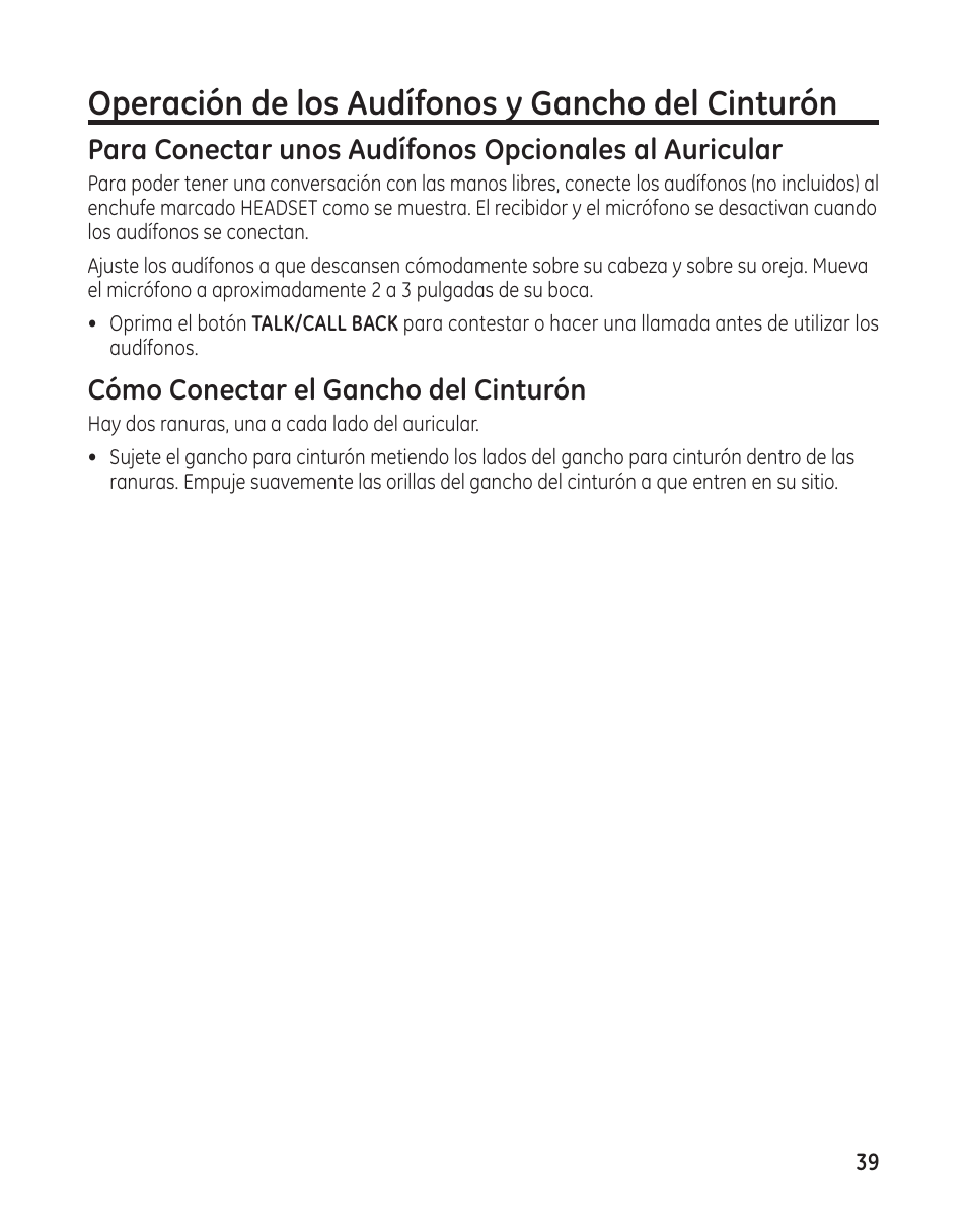 Operación de los audífonos y gancho del cinturón, Cómo conectar el gancho del cinturón | GE 25982 User Manual | Page 89 / 100