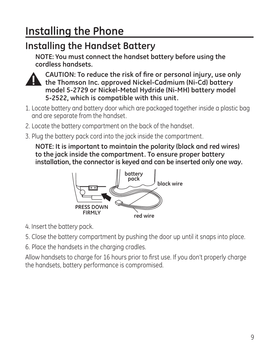 Installing the phone, Installing the handset battery | GE 25982 User Manual | Page 9 / 100