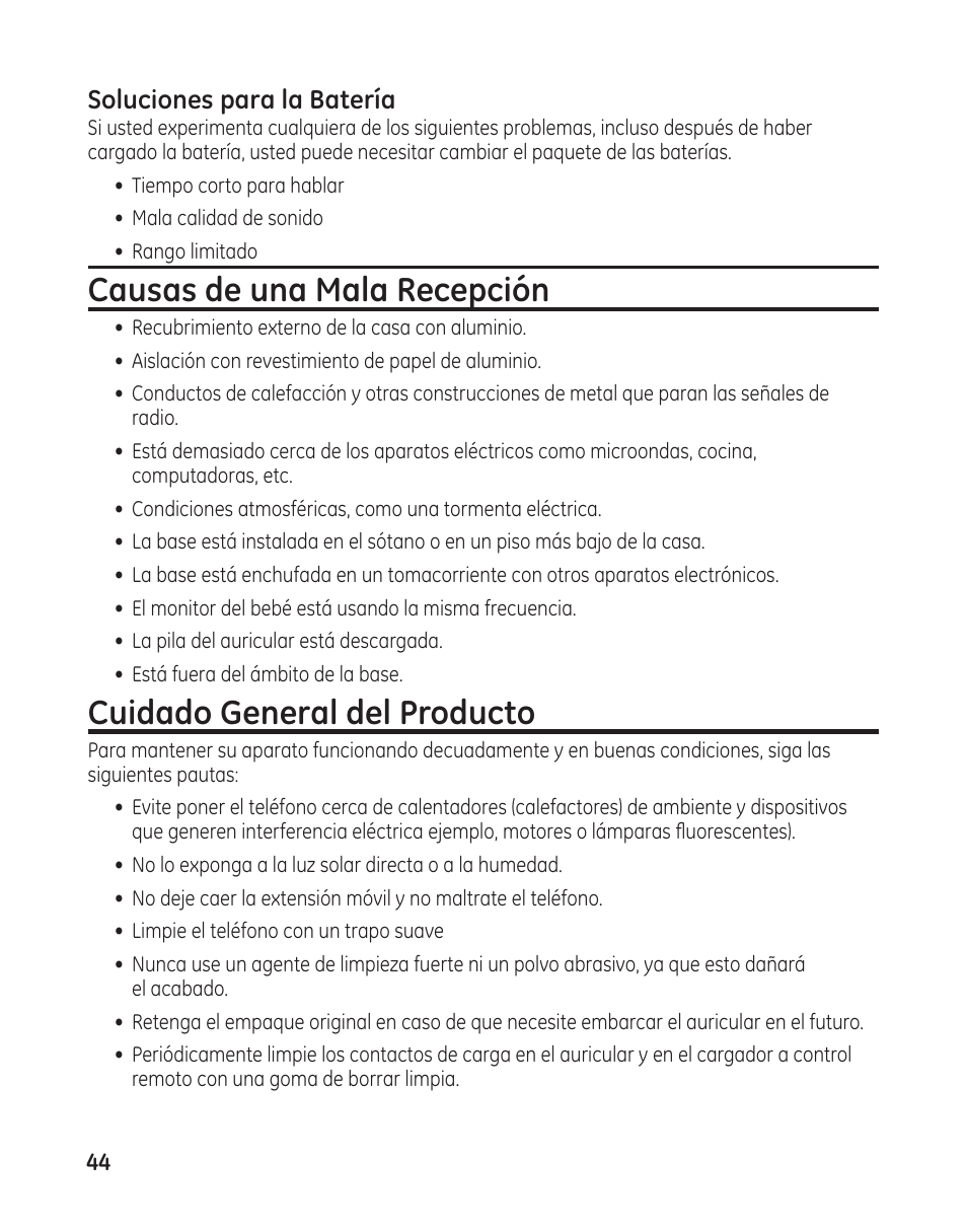 Causas de una mala recepción, Cuidado general del producto | GE 25982 User Manual | Page 94 / 100
