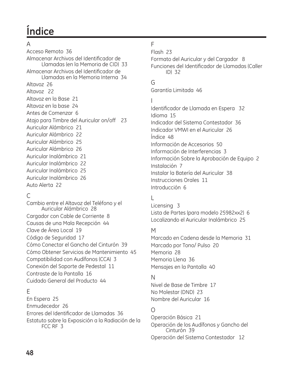 Índice | GE 25982 User Manual | Page 98 / 100