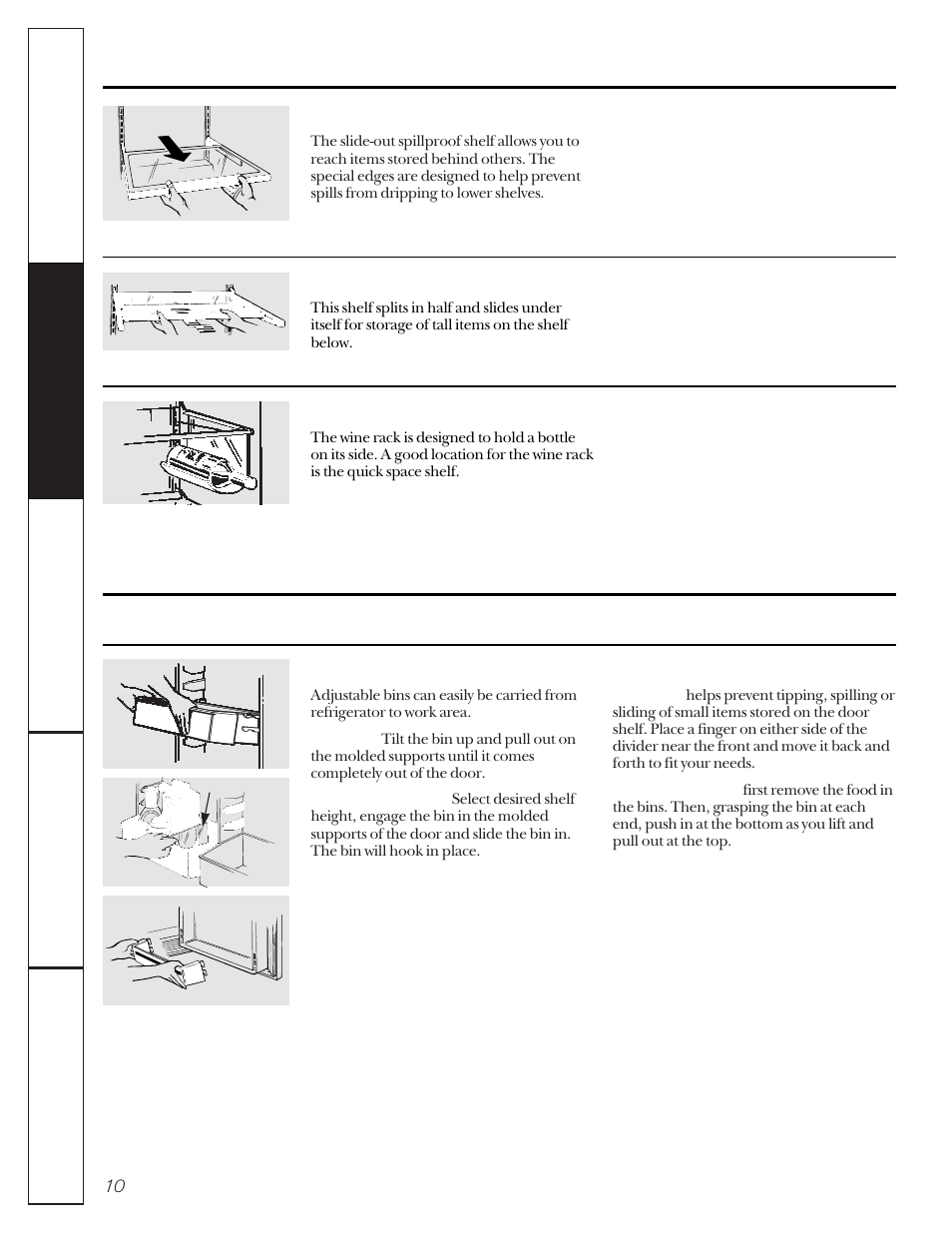 About the shelves and baskets, About the refrigerator bins and dishes | GE 162D9617P005 User Manual | Page 10 / 108