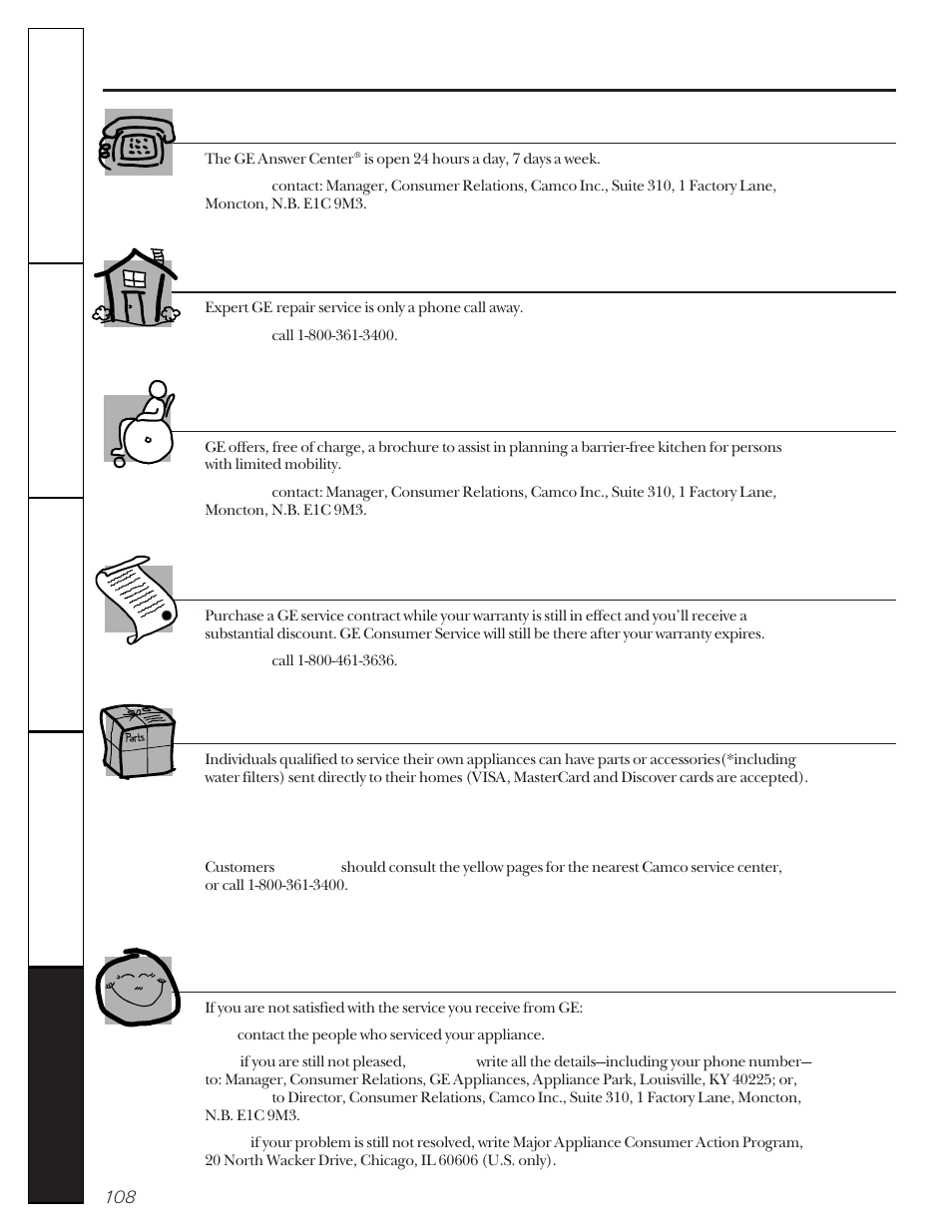 Service telephone numbers, Service telephone numbers ge answer center, In-home repair service | Special needs service, Service contracts, Parts and accessories, Service satisfaction | GE 162D9617P005 User Manual | Page 108 / 108