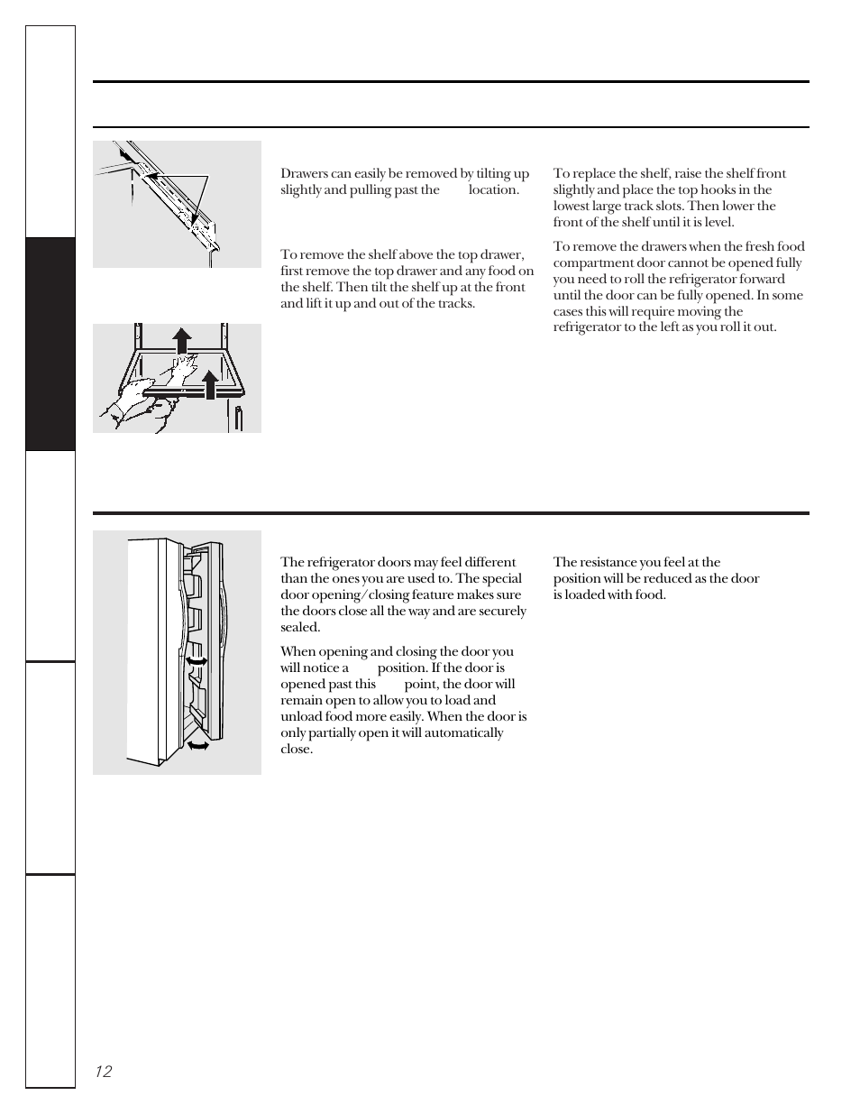 About storage drawer removal, About the refrigerator doors | GE 162D9617P005 User Manual | Page 12 / 108