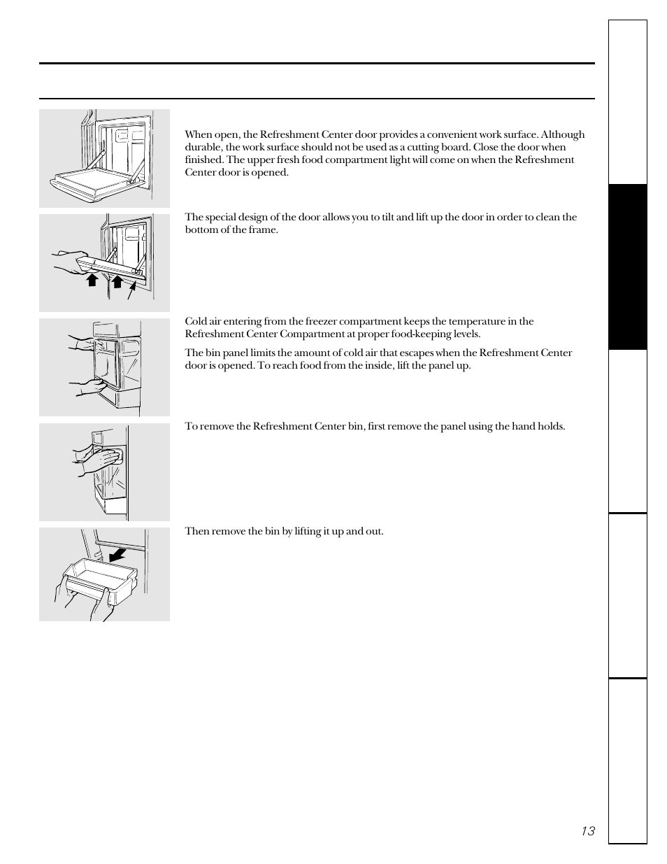 Refreshment center, Refreshment center –15, About the refreshment center | GE 162D9617P005 User Manual | Page 13 / 108