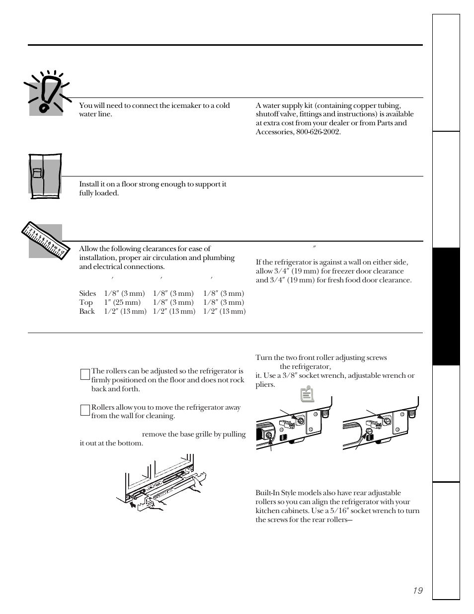 Preparing to install the refrigerator, Preparing to install the refrigerator –22, Refrigerator location | Clearances, Water supply to the icemaker | GE 162D9617P005 User Manual | Page 19 / 108