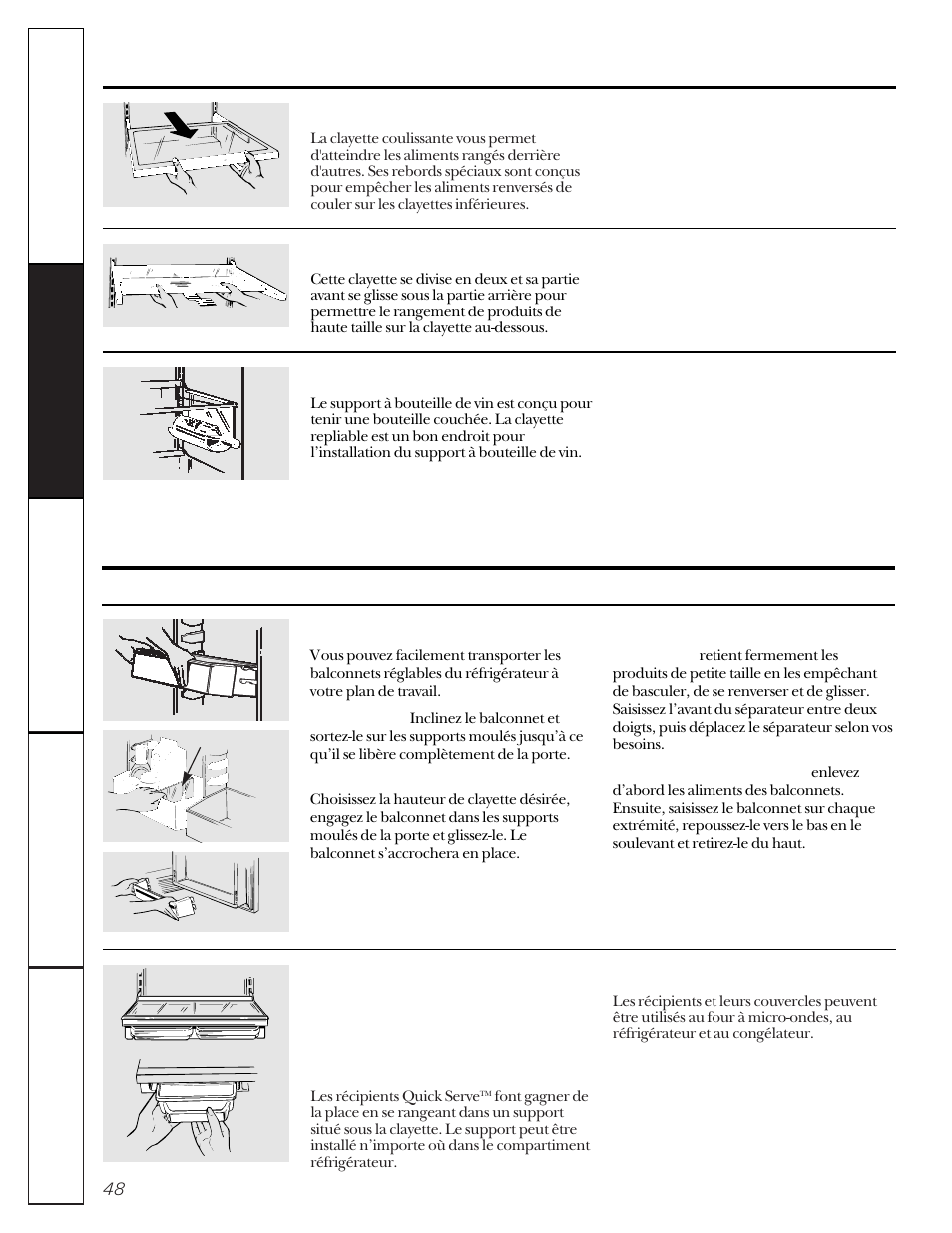 Les clayettes et les paniers, Les balconnets et les récipients | GE 162D9617P005 User Manual | Page 48 / 108