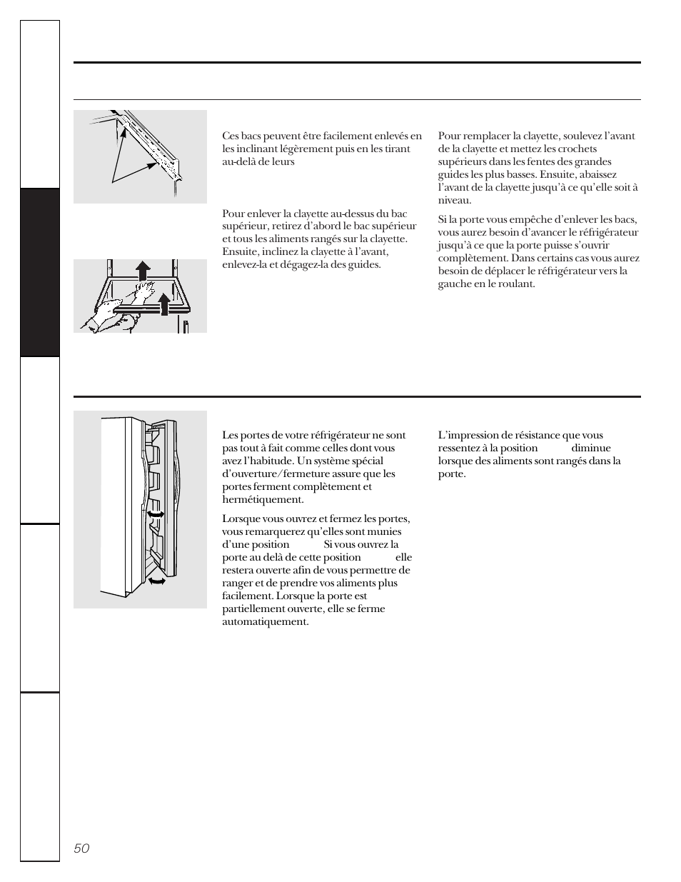 Enlèvement des bacs de rangement, Les portes du réfrigérateur | GE 162D9617P005 User Manual | Page 50 / 108