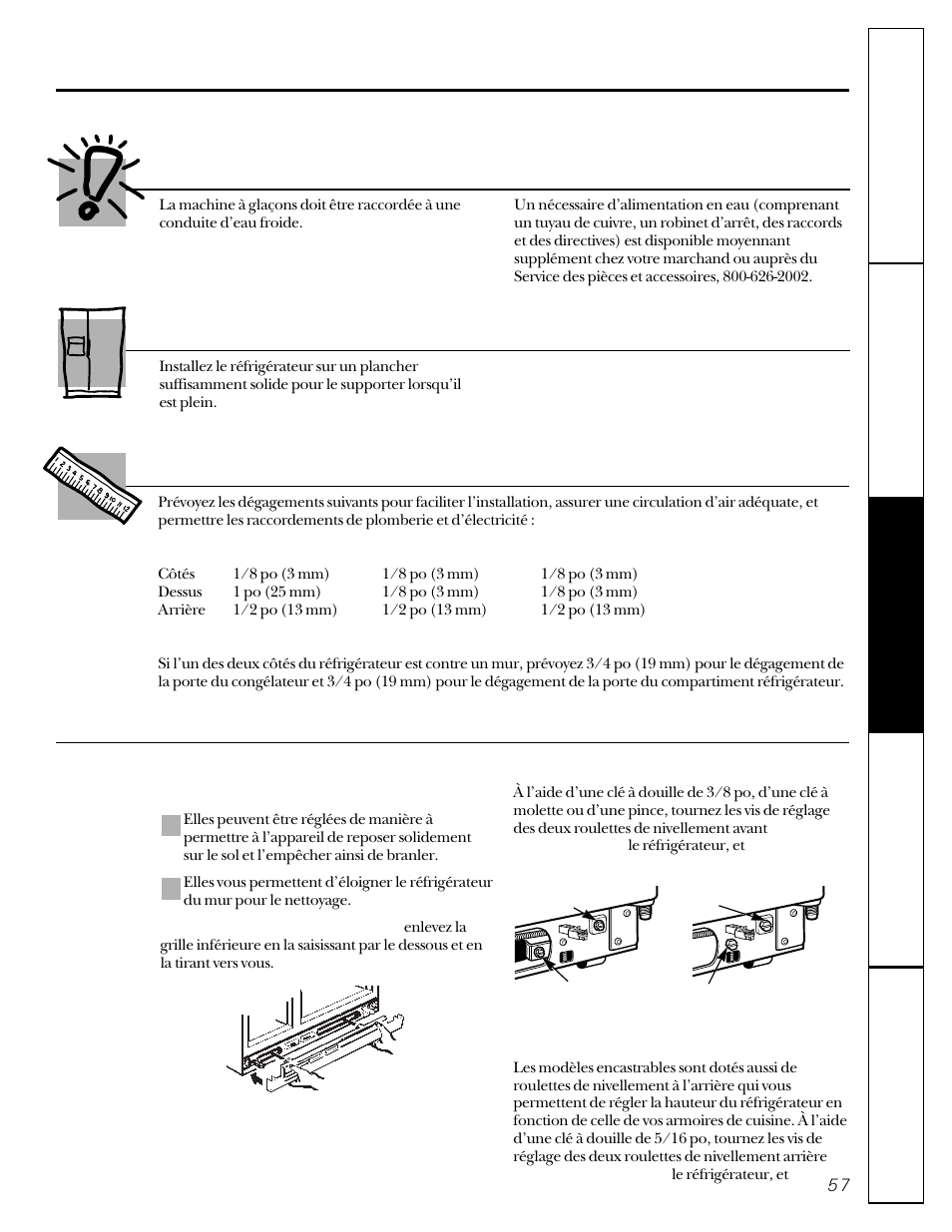 Préparation, Alimentation en eau de la machine à glaçons, Emplacement du réfrigérateur | Dégagements | GE 162D9617P005 User Manual | Page 57 / 108