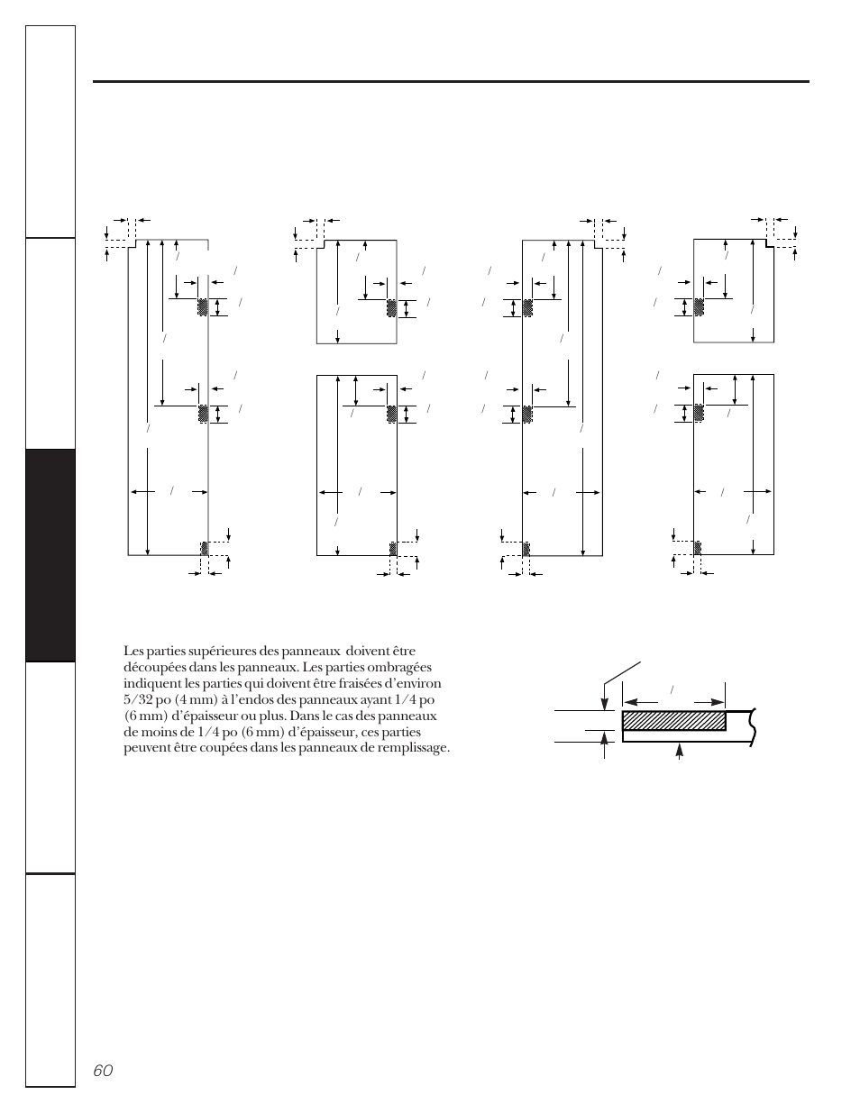 Ensembles de moulures, Dimensions pour les panneaux de bois sur mesure | GE 162D9617P005 User Manual | Page 60 / 108