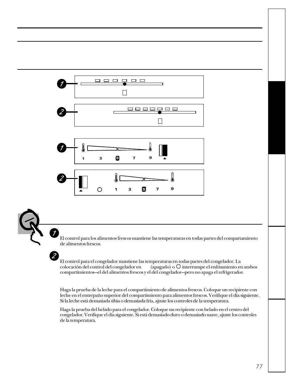 Control del compartimiento de alimentos frescos, Control del congelador, Cómo verificar las temperaturas | GE 162D9617P005 User Manual | Page 77 / 108