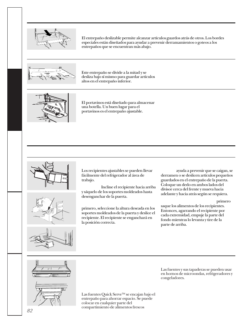 Entrepaños y canastas, Recipientes y fuentes del refrigerador | GE 162D9617P005 User Manual | Page 82 / 108