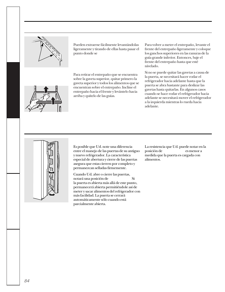 Sacar la gaveta para guardar, Puertas del refrigerador | GE 162D9617P005 User Manual | Page 84 / 108