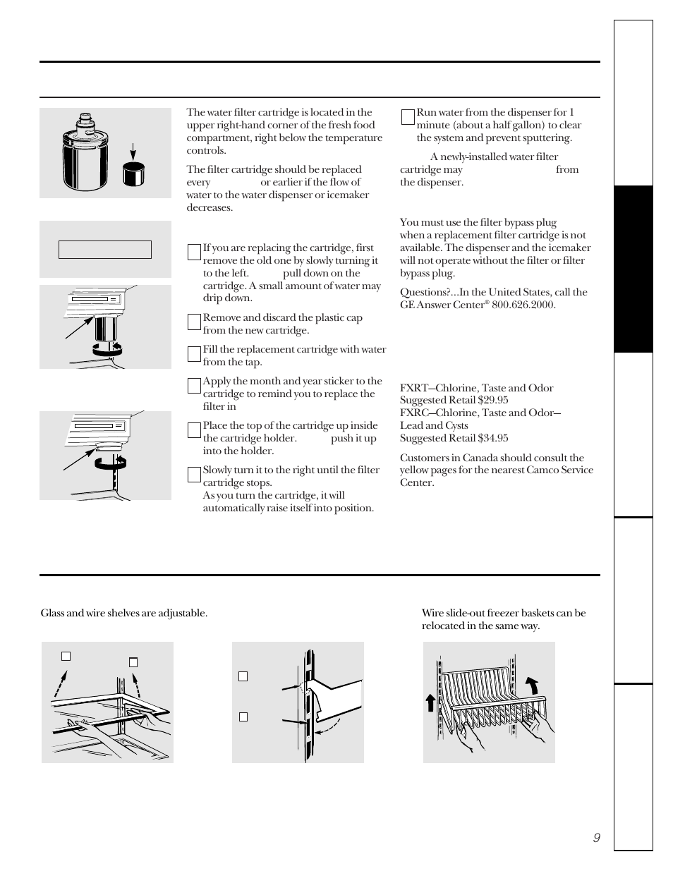 About the water filter cartridge, About the shelves and baskets | GE 162D9617P005 User Manual | Page 9 / 108