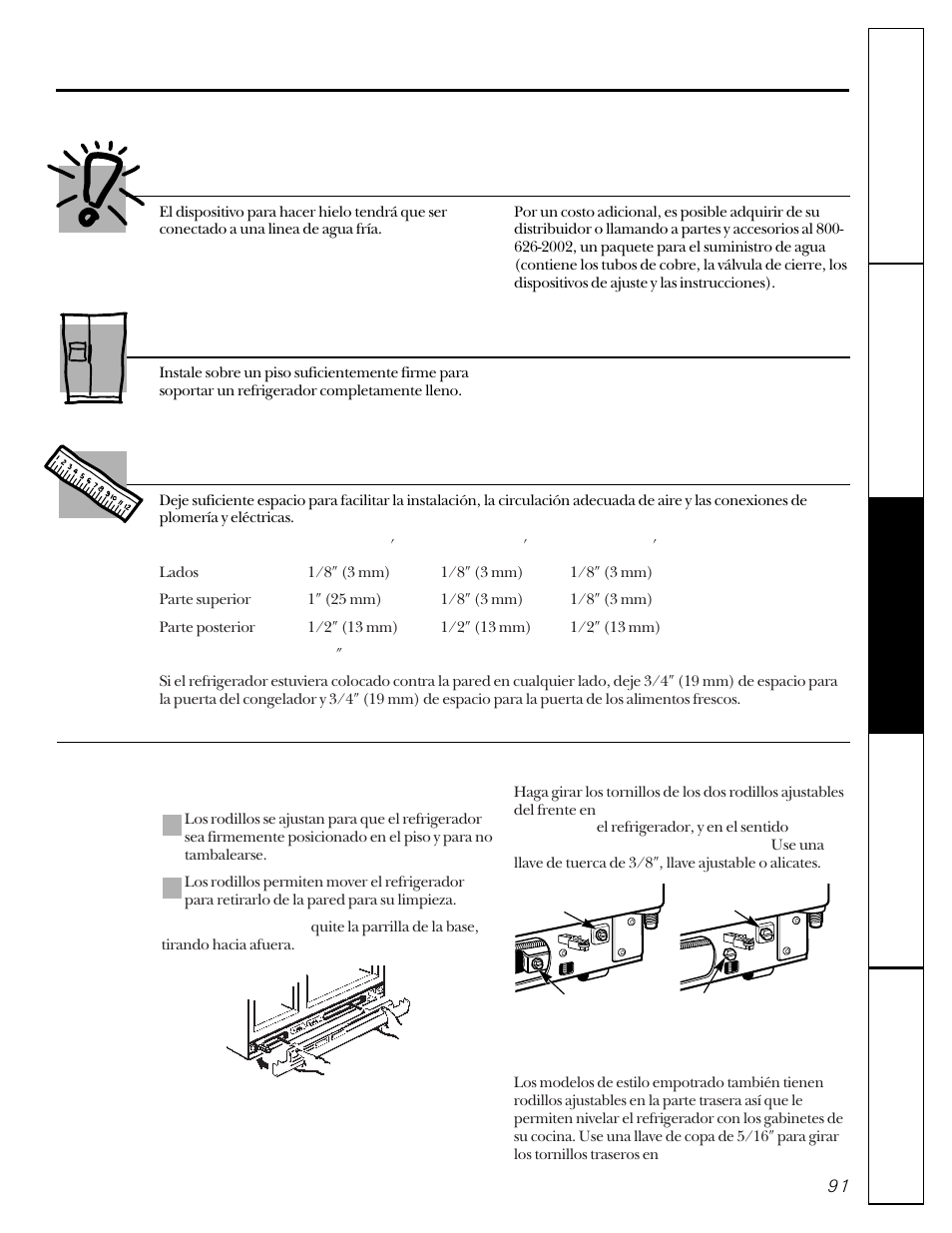 Preparación para instalar el refrigerador, Suministro de agua al dispositivo para hacer hielo, Ubicación del refrigerador | Espacios libres | GE 162D9617P005 User Manual | Page 91 / 108