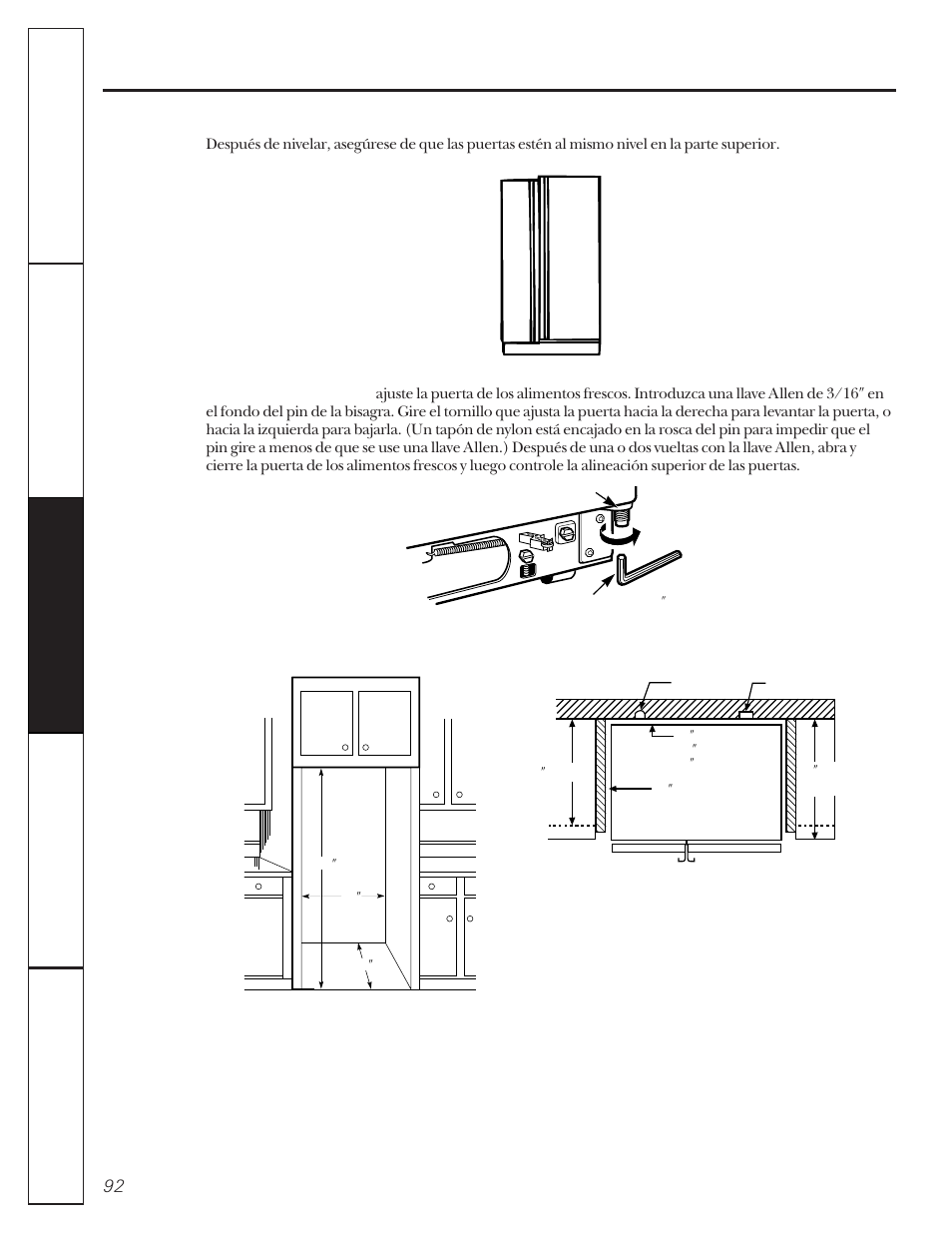 Preparación para instalar el refrigerador, Alineación de las puertas, Dimensiones y especificaciones | GE 162D9617P005 User Manual | Page 92 / 108