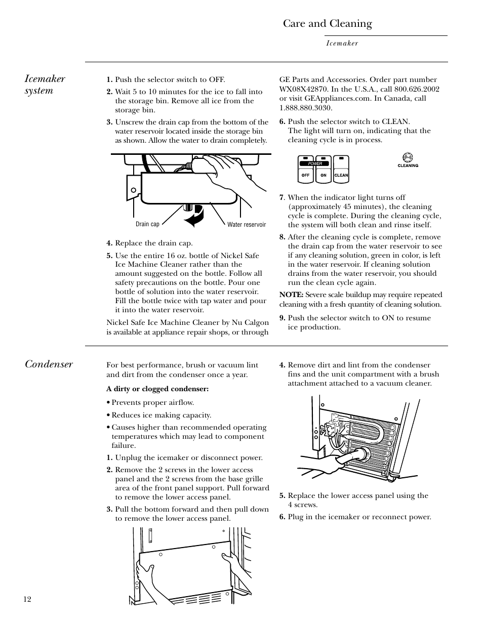 Care and cleaning, Condenser, Icemaker system | GE ZDI15 User Manual | Page 12 / 16