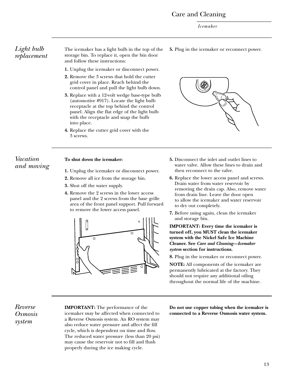 Care and cleaning, Light bulb replacement, Vacation and moving | Reverse osmosis system | GE ZDI15 User Manual | Page 13 / 16