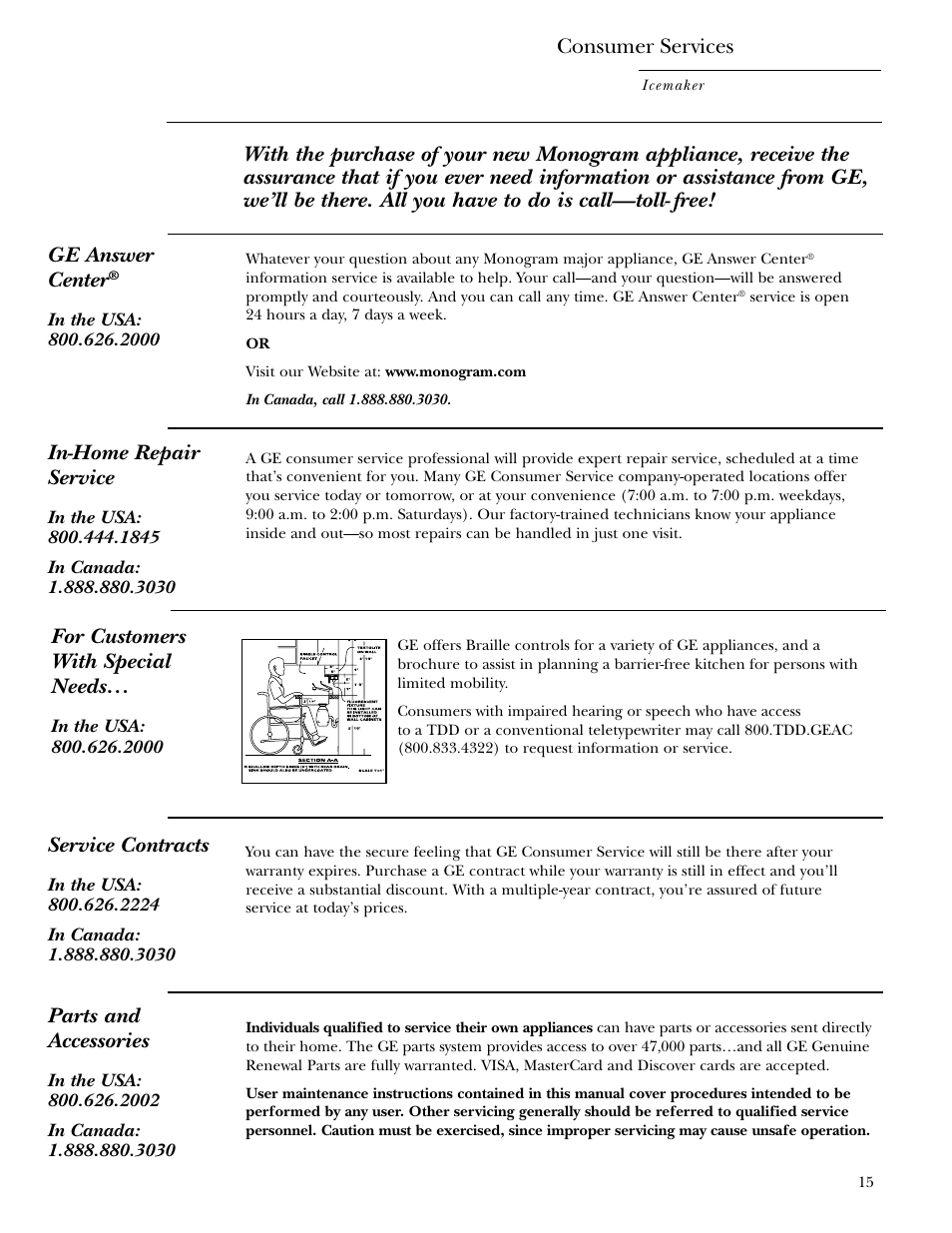 Consumer services, Important phone numbers, In-home repair service | Service contracts, Parts and accessories, For customers with special needs | GE ZDI15 User Manual | Page 15 / 16