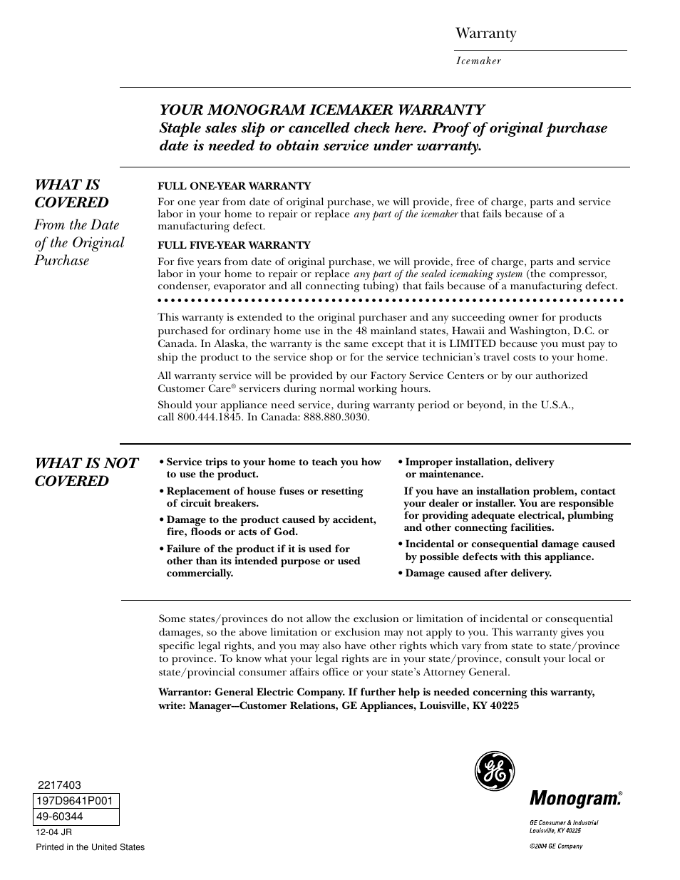 Warranty, What is not covered | GE ZDI15 User Manual | Page 16 / 16