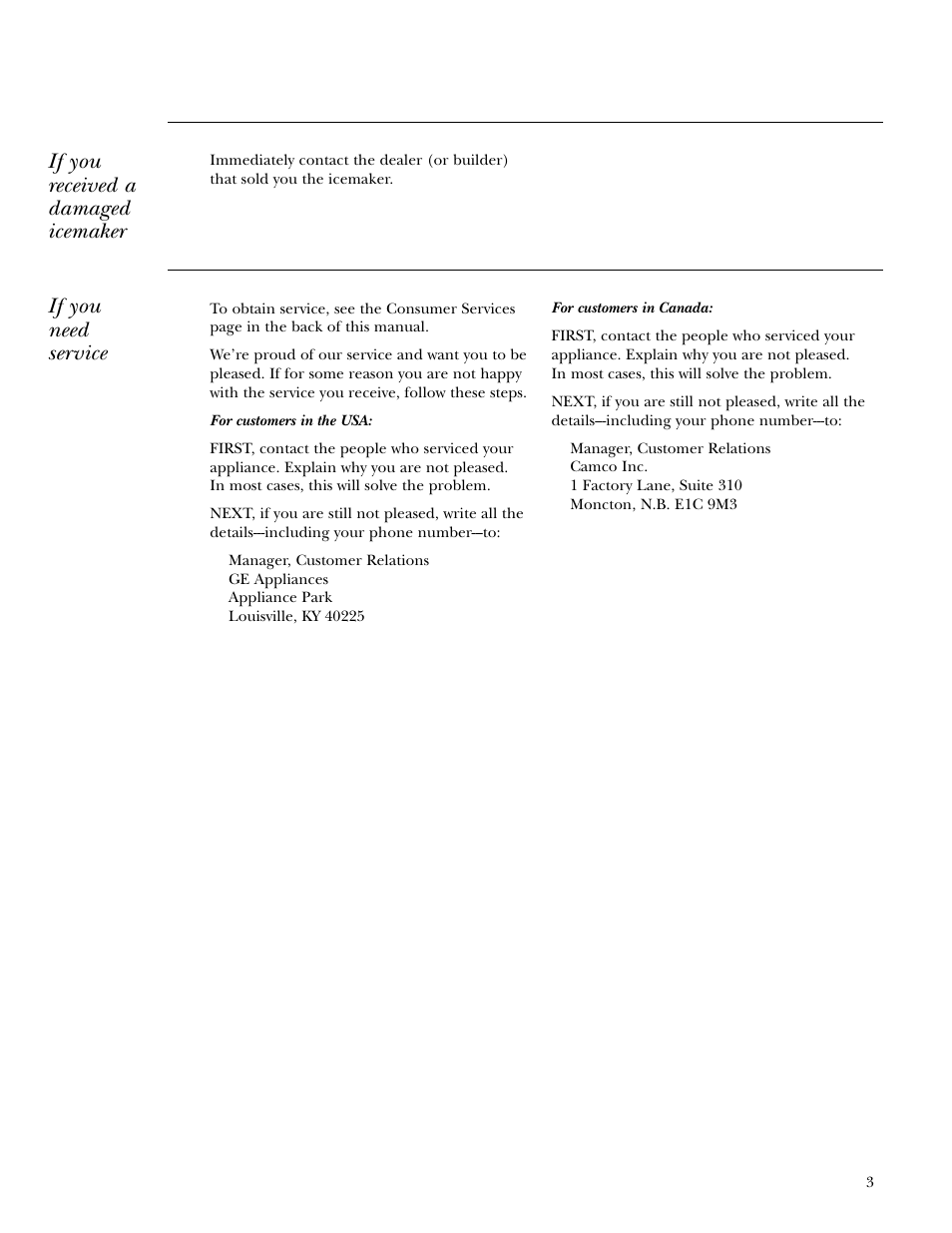 Repair service, If you received a damaged icemaker, If you need service | GE ZDI15 User Manual | Page 3 / 16