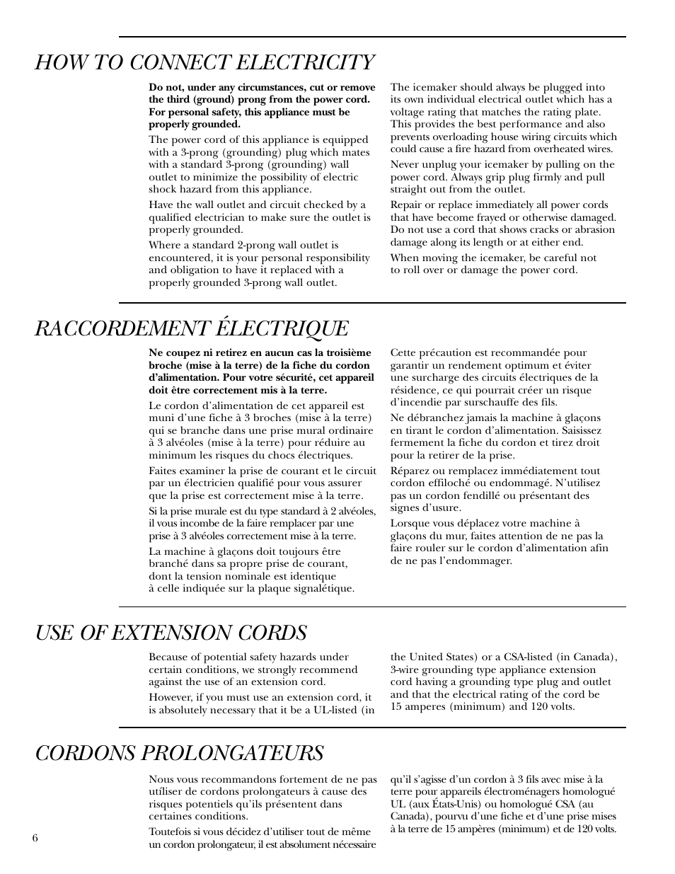 How to connect electricity, Raccordement électrique, Use of extension cords | Cordons prolongateurs | GE ZDI15 User Manual | Page 6 / 16