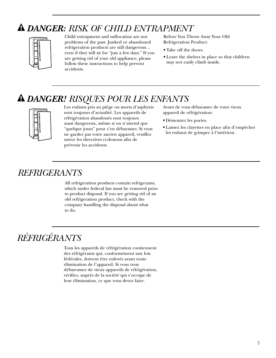 Refrigerants, Danger: risk of child entrapment, Danger! risques pour les enfants | Réfrigérants | GE ZDI15 User Manual | Page 7 / 16