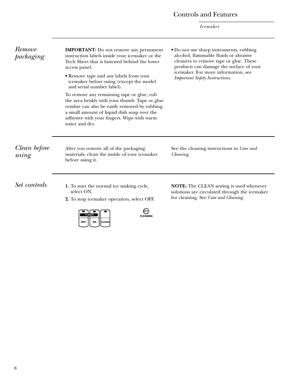 Controls and features, Controls and features , 9, Remove packaging | Set controls, Clean before using | GE ZDI15 User Manual | Page 8 / 16