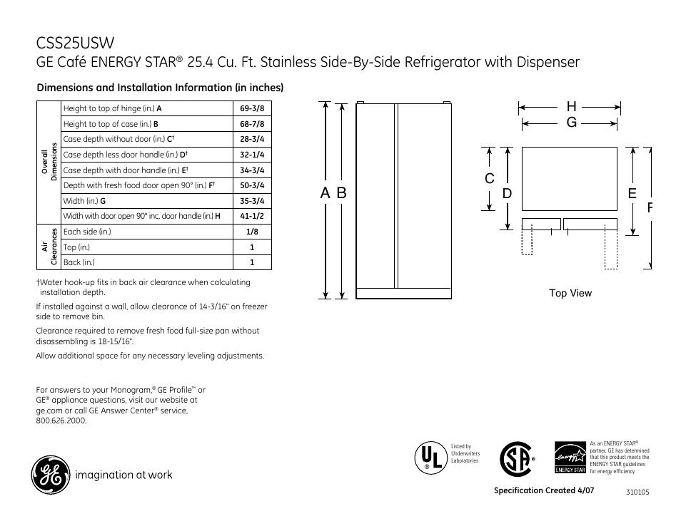 GE css25usw User Manual | 2 pages