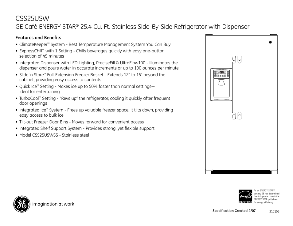 Css25usw, Ge café energy star | GE css25usw User Manual | Page 2 / 2