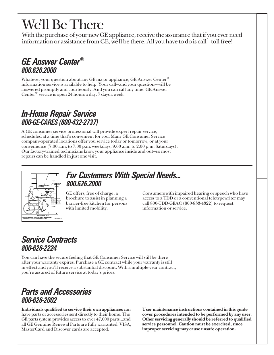 Consumer services, Important phone numbers, We’ll be there | In-home repair service, Ge answer center, Service contracts, Parts and accessories, For customers with special needs, Pr oblem solver consumer services | GE JGRS14 User Manual | Page 27 / 28
