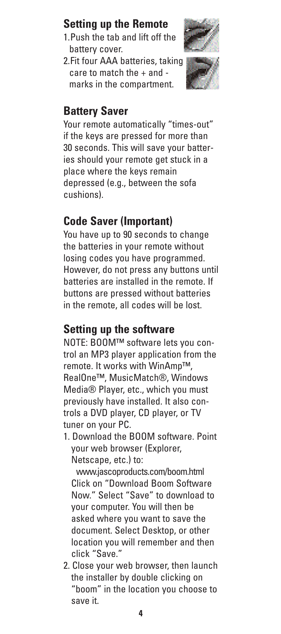 Setting up the remote, Battery saver, Code saver (important) | Setting up the software | GE Universal Remote with PC Control HO97685 User Manual | Page 7 / 28