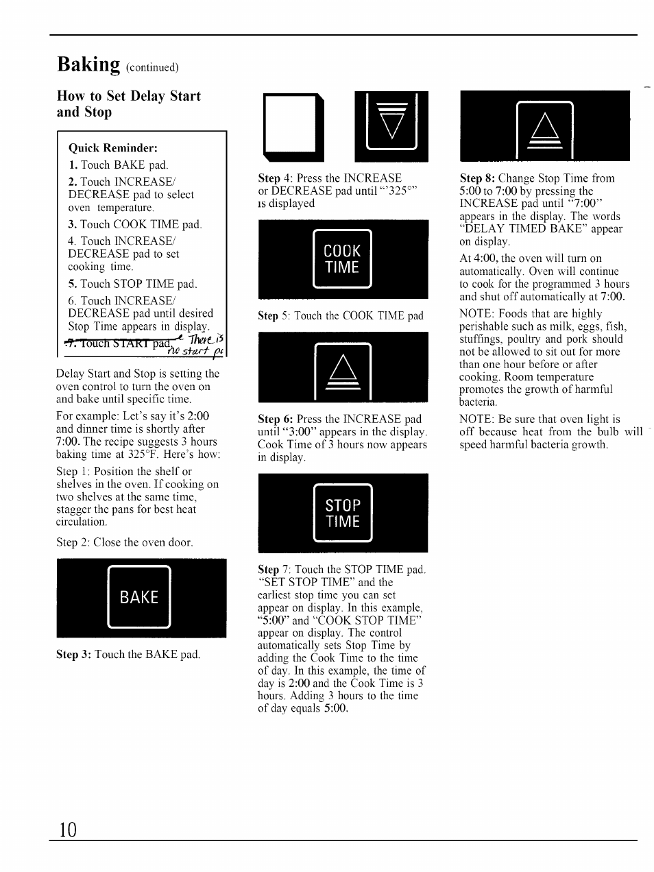 How to set delay start and stop, Baking | GE JKP45WP User Manual | Page 10 / 24