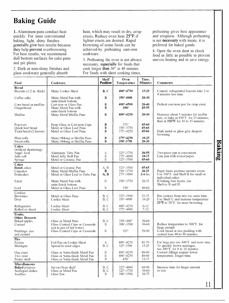 Baking guide | GE JKP45WP User Manual | Page 11 / 24