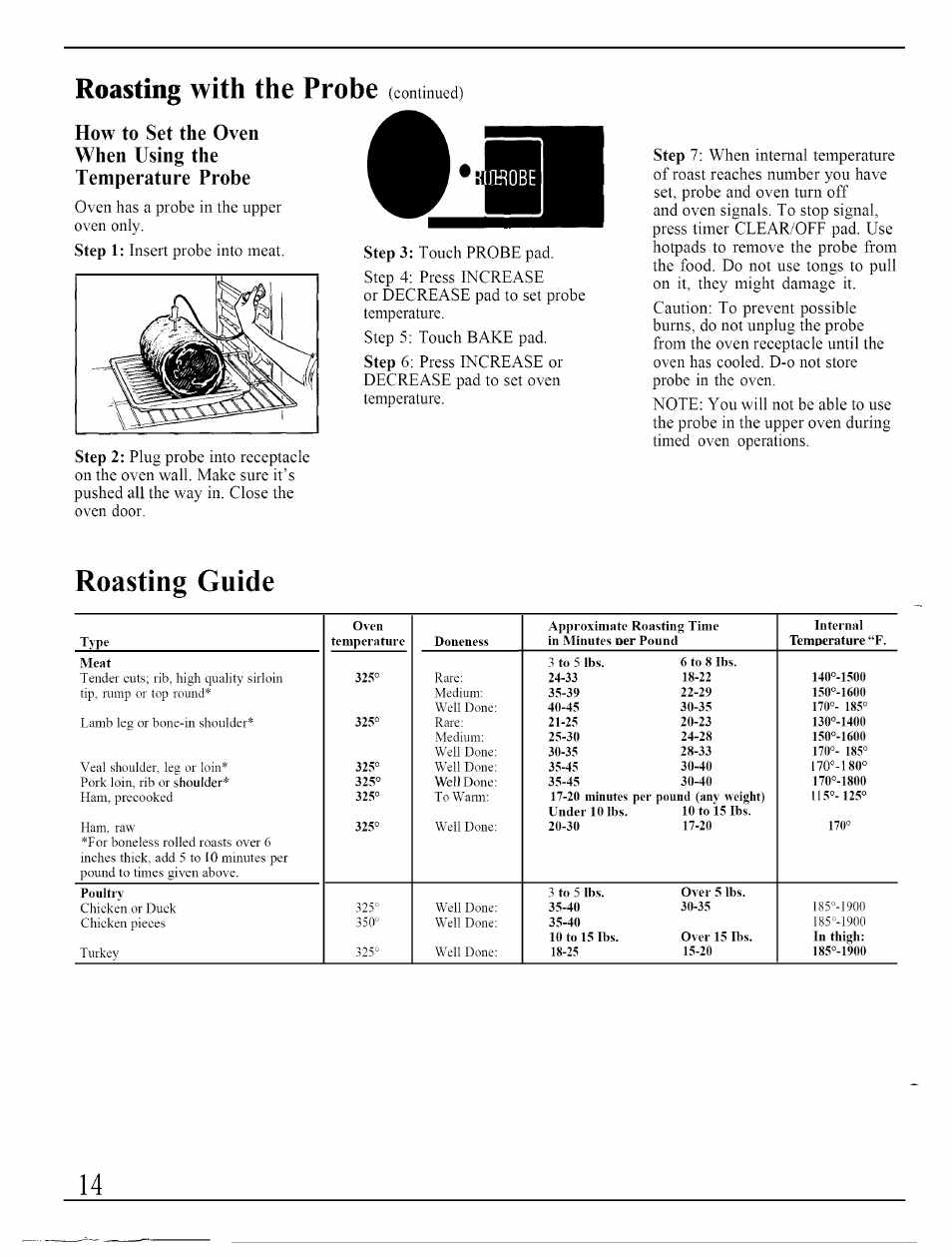 Roasting with the probe (continued), Roasting guide, Roasting with the probe | Continued) | GE JKP45WP User Manual | Page 14 / 24