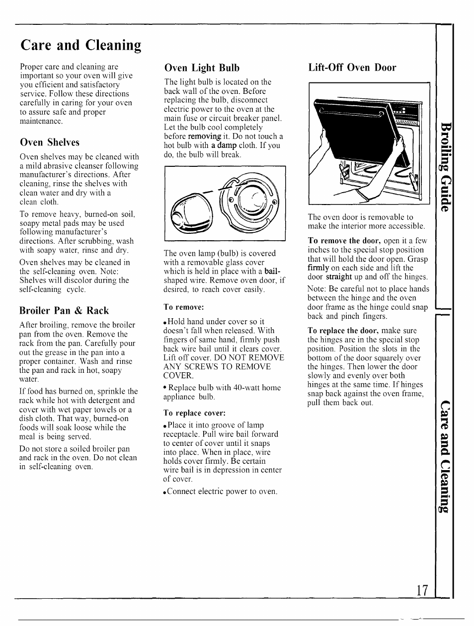 Oven shelves, Broiler pan & rack, Oven light bulb | Lift-off oven door, To remove, To replace cover, Care and cleaning | GE JKP45WP User Manual | Page 17 / 24