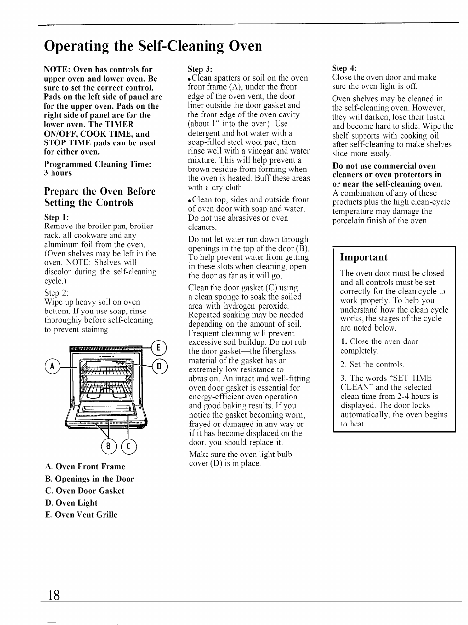 3 hours, Prepare the oven before setting the controls, A. oven front frame | Step 3, Step 4, Operating the self-cleaning oven | GE JKP45WP User Manual | Page 18 / 24