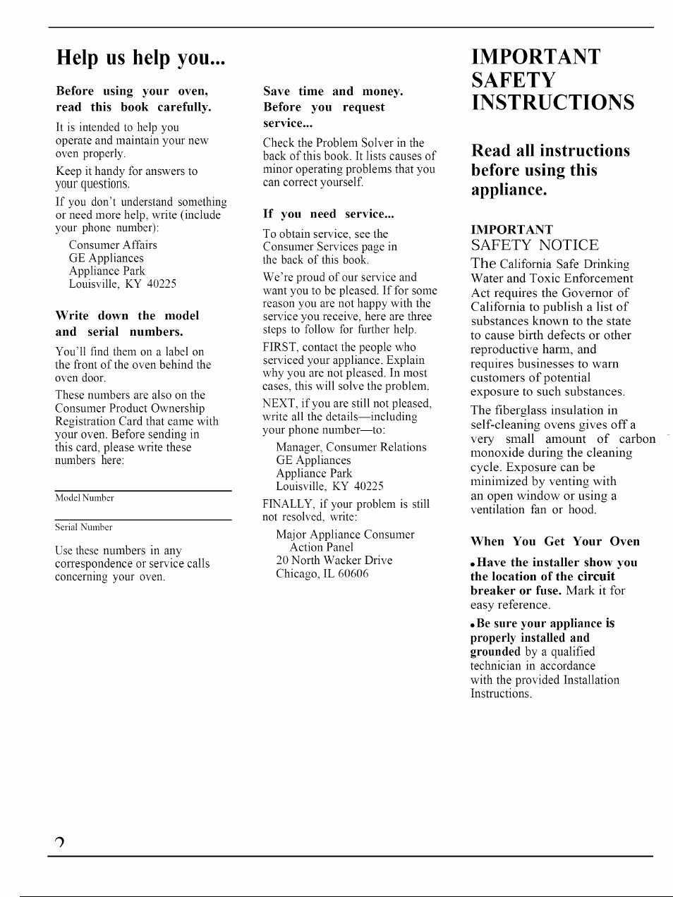 Help m help you, Before using your oven, read this book carefully, Write down the model and serial numbers | If you need service, Important, Safety, Instructions, When you get your oven, Help, Help you | GE JKP45WP User Manual | Page 2 / 24