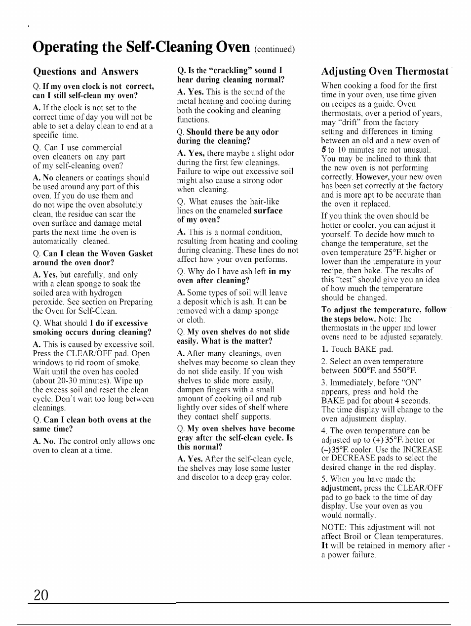 Questions and answers, Adjusting oven thermostat, Operating the self-cleaning oven | GE JKP45WP User Manual | Page 20 / 24