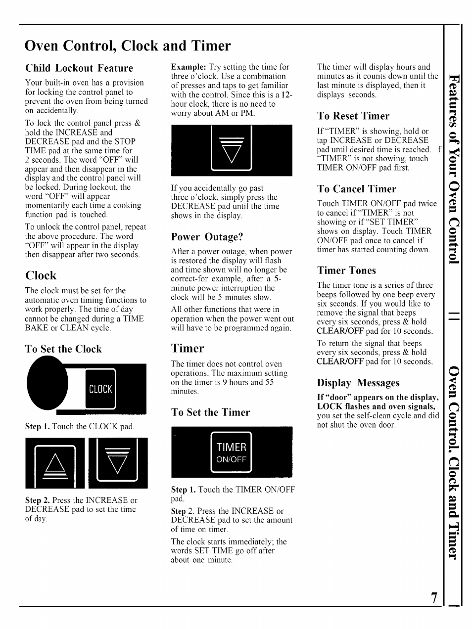 Oven control, clock and timer, Child lockout feature, To set the clock | Power outage, To set the timer, To reset timer, To cancel timer, Timer tones, Display messages, Clock | GE JKP45WP User Manual | Page 7 / 24