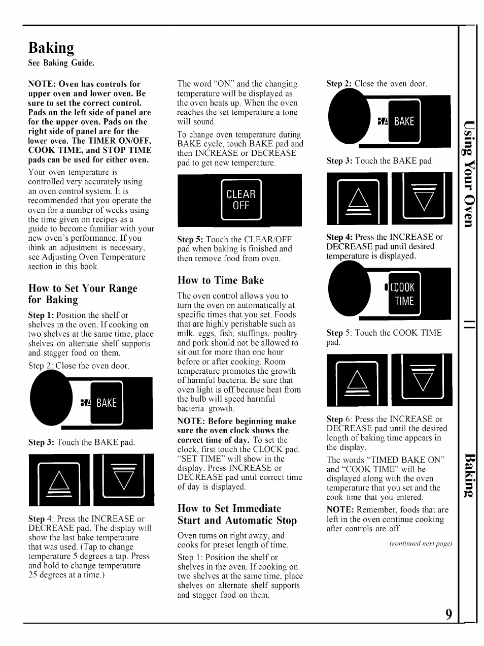 Baking, How to set your range for baking, How to time bake | How to set immediate start and automatic stop | GE JKP45WP User Manual | Page 9 / 24