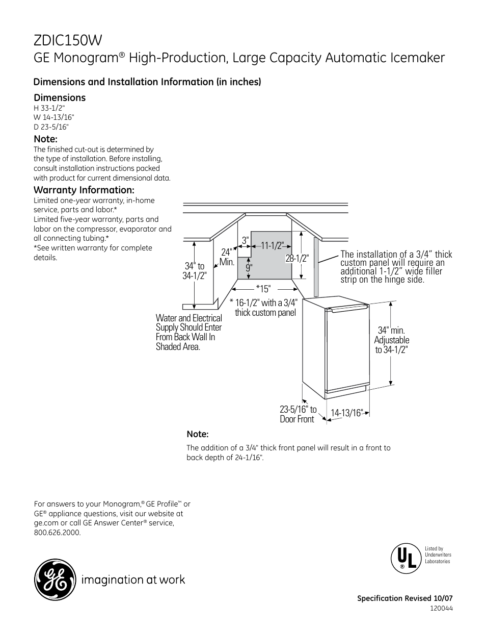 GE ZDIC150W User Manual | 3 pages