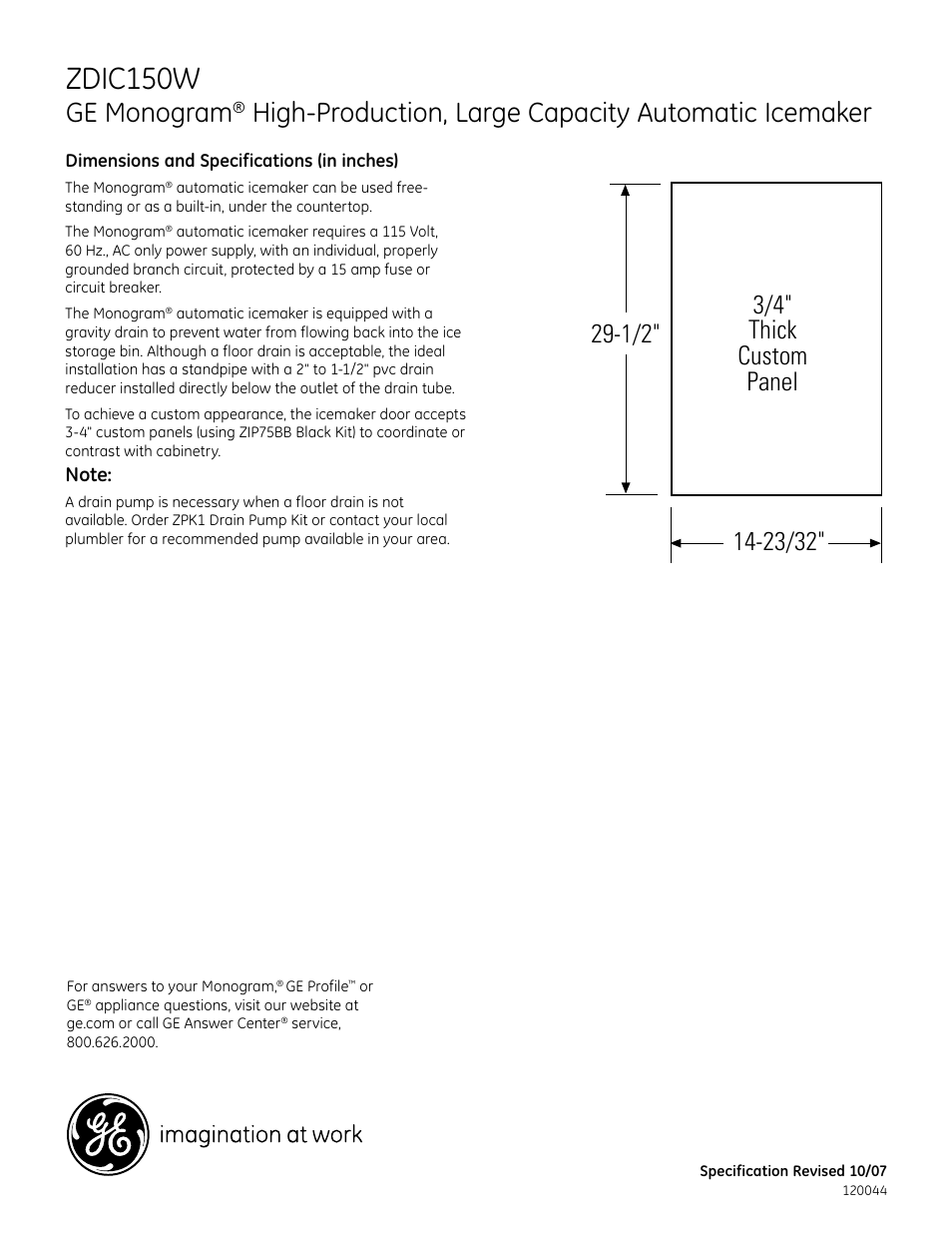 Zdic150w, Ge monogram, High-production, large capacity automatic icemaker | GE ZDIC150W User Manual | Page 2 / 3